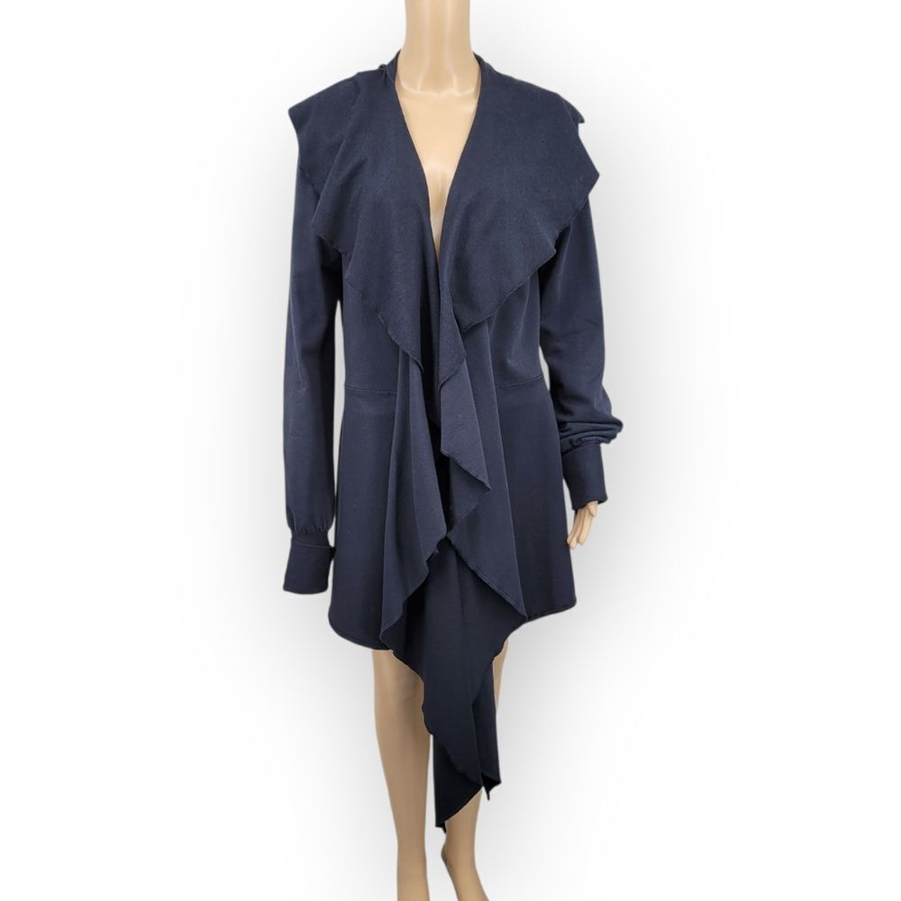 Testimony Los Angeles Black French Terry Duster Jacket Cascading Ruffles Front